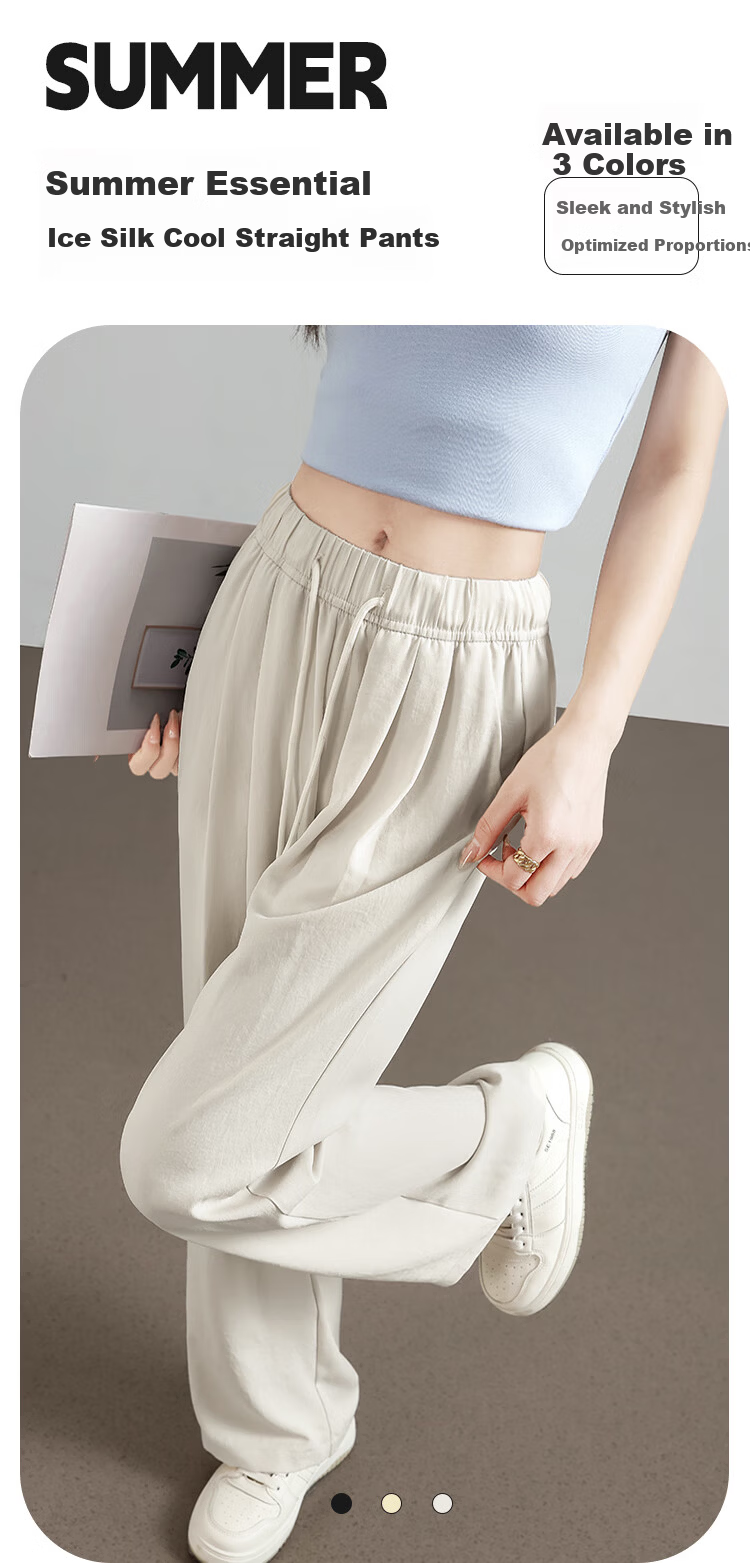 Free Style Slim Ice Silk Wide-Leg Pants for Women Summer Thin High Waist Draped Loose Slim Straight Casual Trousers 1