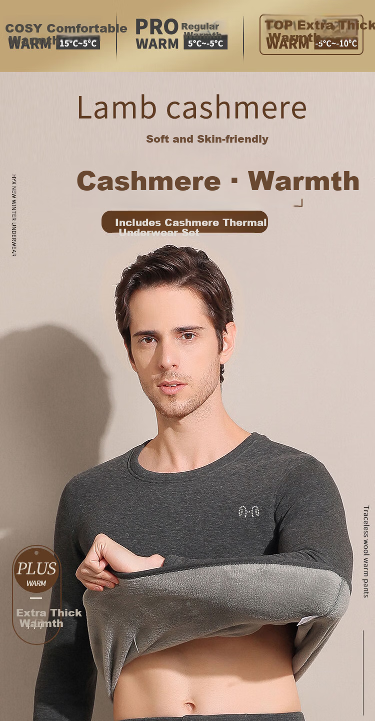 Hengyuanxiang [Hot Sale 50,000 Sets] Men's Thermal Underwear Set Cashmere Goat Velvet Thickened Autumn Winter Crew Neck Top and Bottom Dark Gray 2