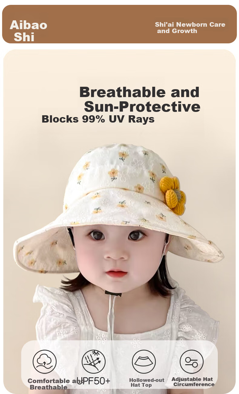 Aibao Baby Summer Sun Hat for Girls, Open-Top Sun Protection Hat with Large Brim, Yellow Floral T182 1