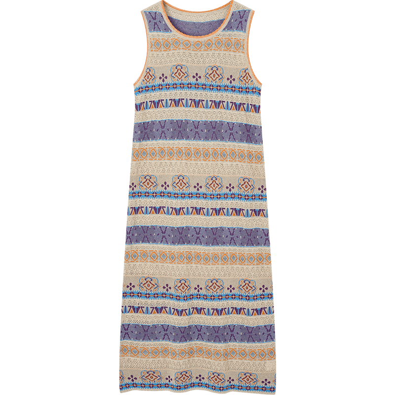 Demana [With Flax Lyocell] Summer National Style New Chinese Colorblock Jacquard Round Neck Sleeveless Dress for Women Premium Feel