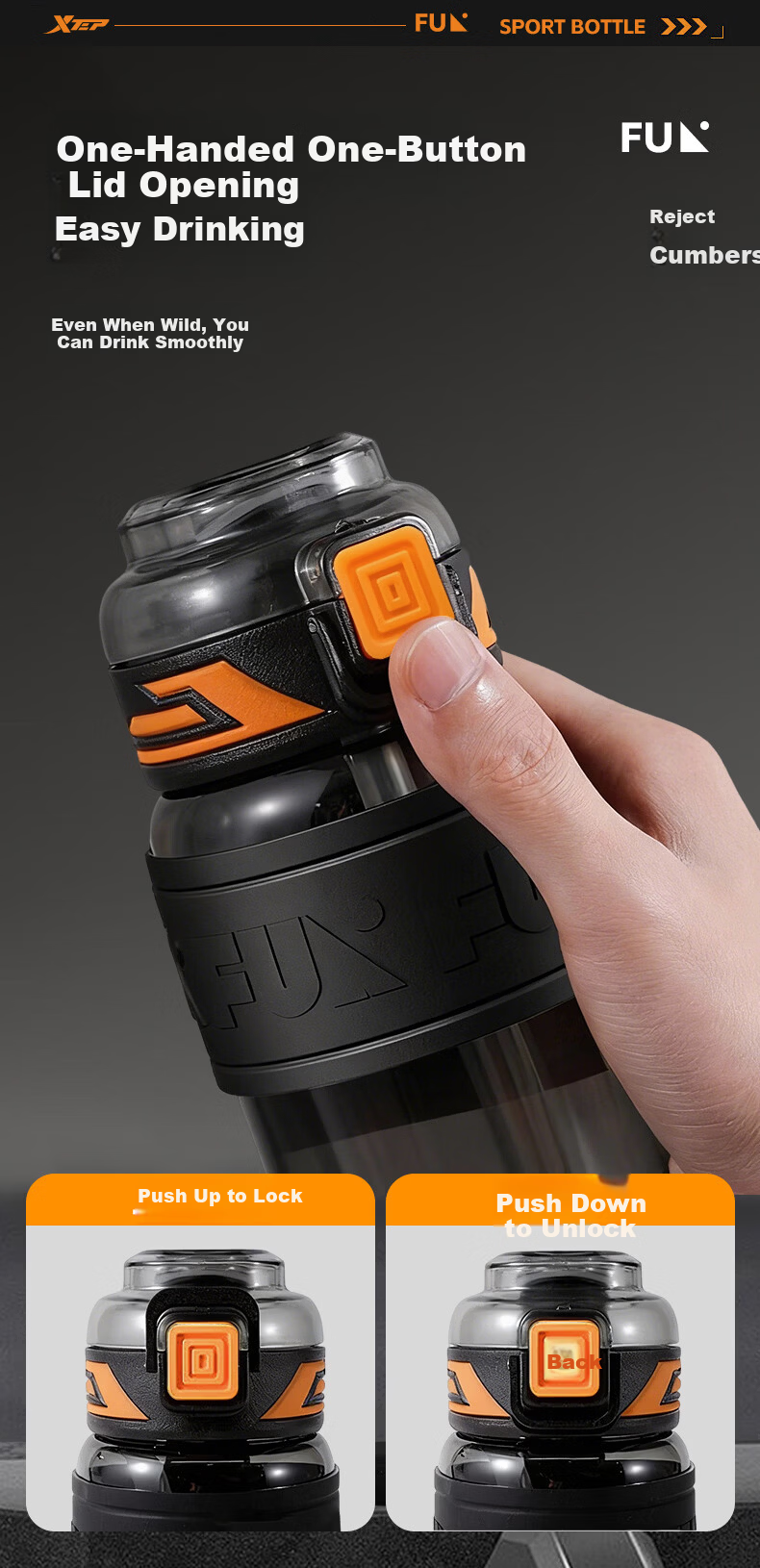 XTEP Sports Water Bottle, Large Capacity, for Students And Children, School Use, Suitable for Men And Women, Fitness Portable Cup, Heat-Resistant, Summer Cup, Black 8
