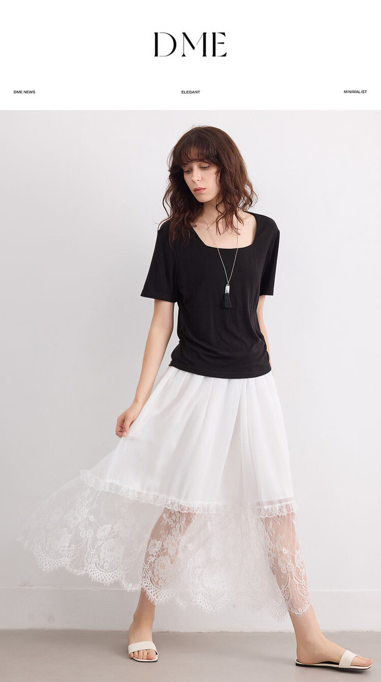 Demana [Yunsha Manwu] Summer Fresh Sweet Lace Splicing Lightweight Flowing Elastic Waist Mid-Length Skirt for Women 1