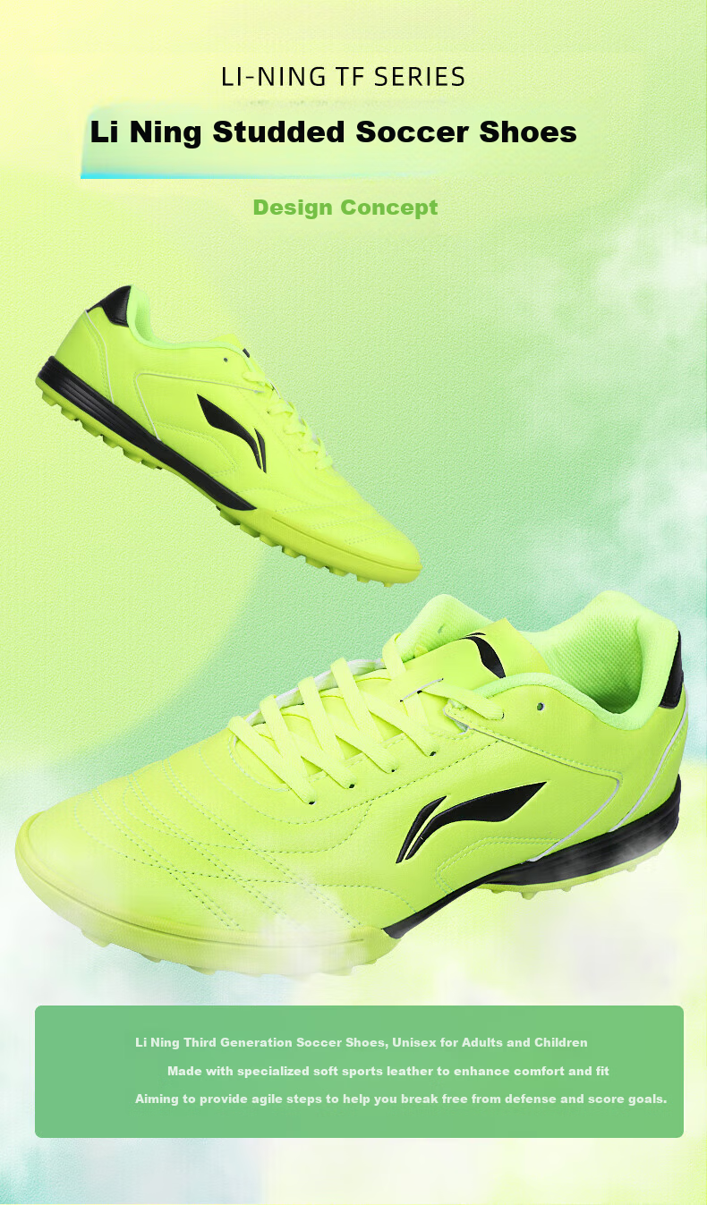 LI-NING Men's Football Shoes TF Turf Studs Adult Youth Kids Non-Slip Wear-Resistant Professional Training Cleats 3