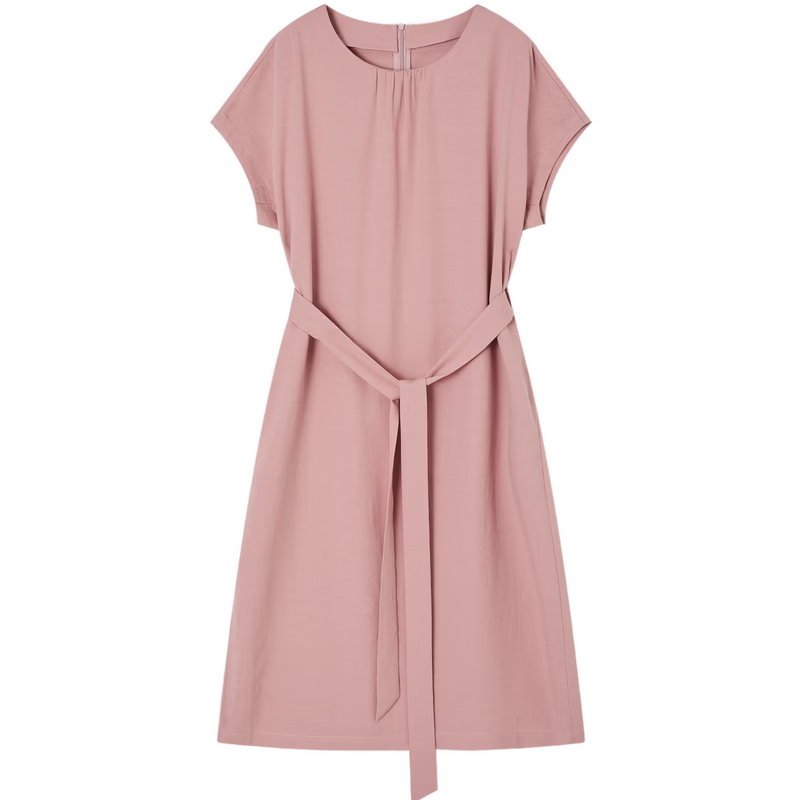 Demana Natural Linen Summer Elegant Round Neck Fabric Belt Loose Petite Mid-Length Dress for Women