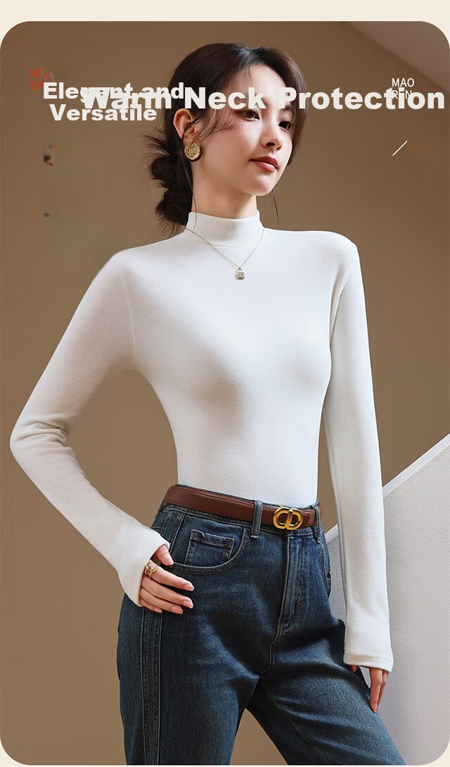 XUEXIMAN Women's Turtleneck Fleece-Lined Thickened Double-Sided Velvet Thermal Layered Top for Autumn and Winter 7