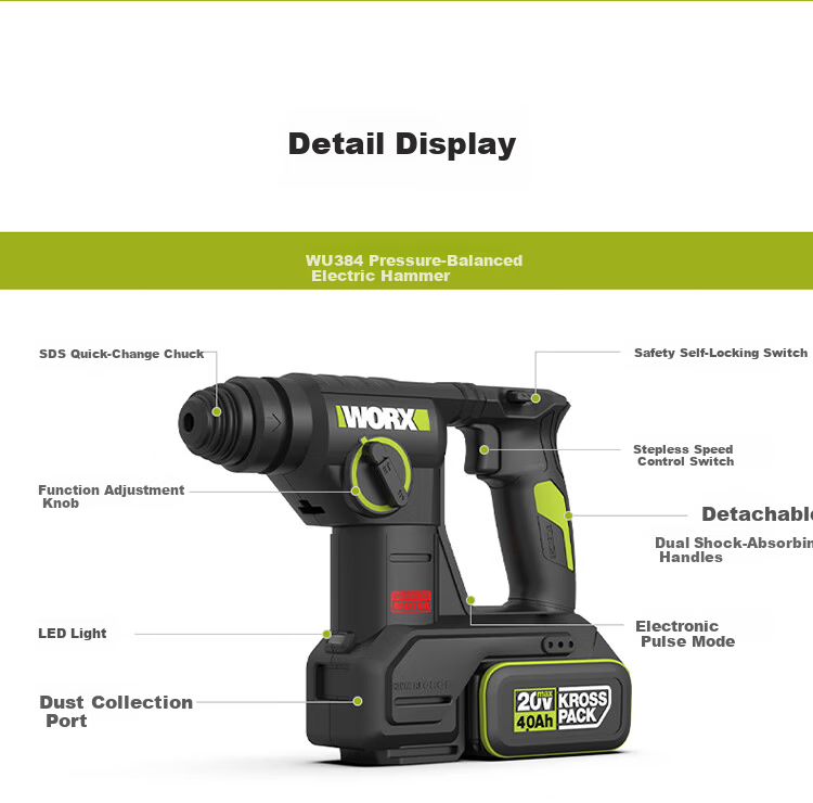 WORX 20V Dust Collection Lithium Battery Hammer Drill WU384T.9 (Bare Tool) Cordless Impact Drill Concrete Electric Tool 13