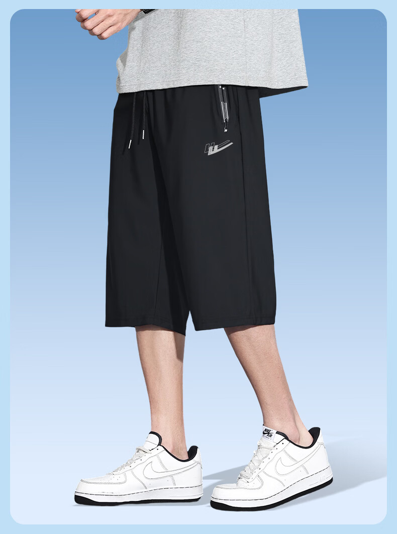 Warrior Men's Summer Quick-Dry Seven-Point Pants Breathable Ice Silk Casual Sports Pants Black XL 7
