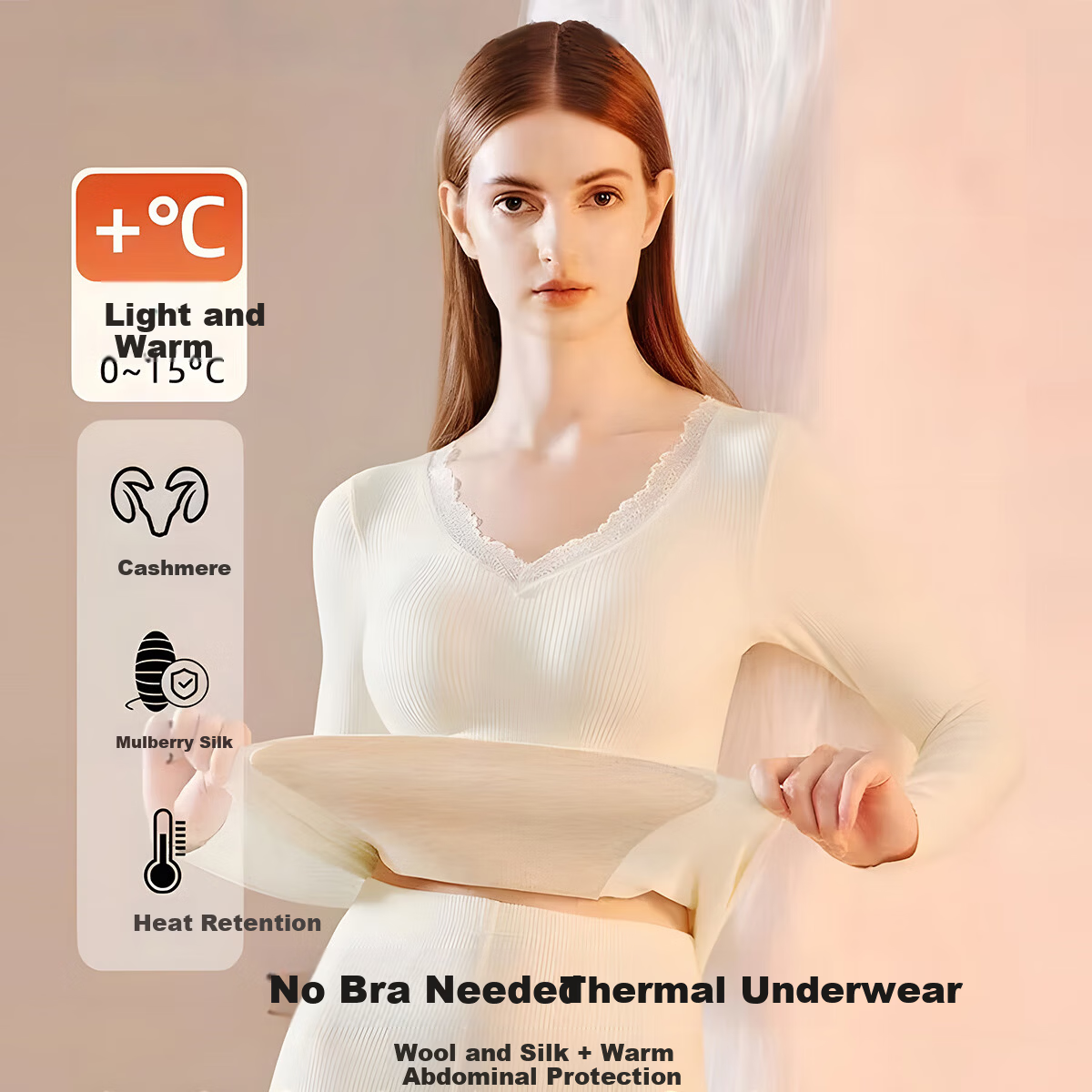 Tingmei Women's Thermal Underwear with Built-in Chest Pad, One-piece Bra-free Patch, Autumn Winter Fleece Thickened Body Shaping Set