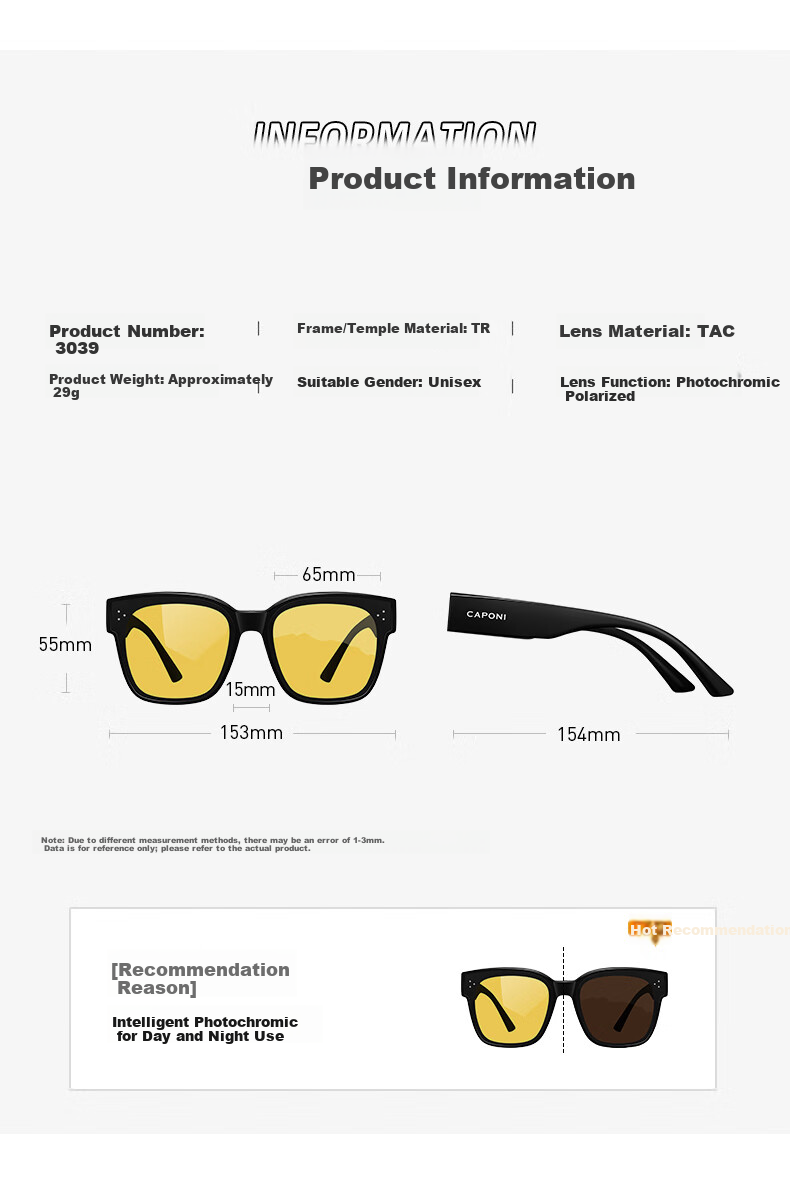 CAPONI Night Vision Driving Sunglasses Clip-On Unisex Photochromic Polarized Sunglasses Clip for Day and Night Use with Prescription Glasses 21