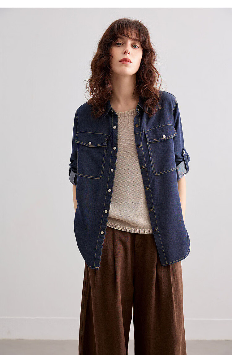 Demana [Cloud Oxygen Cotton] Spring Urban Style Contrast Piping Fleece-Lined Petite Women's Denim Shirt with Turn-Down Collar 17