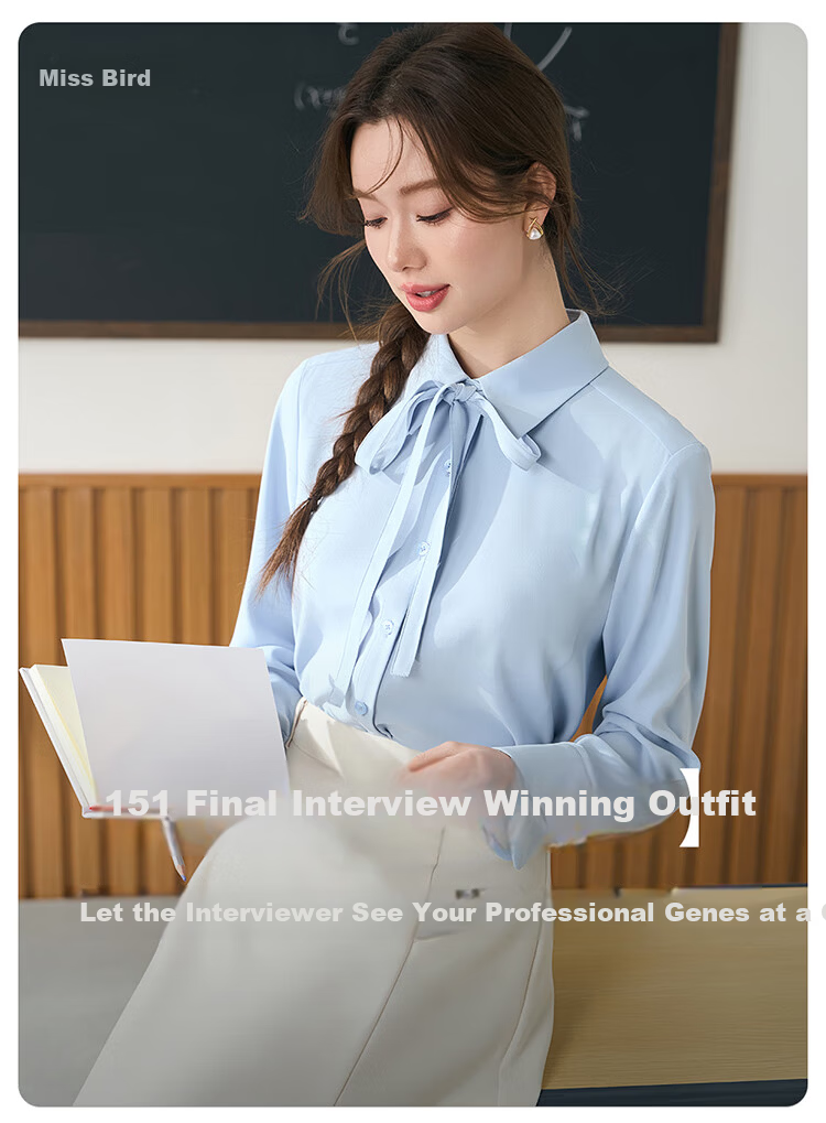 Miss Bird Blue Shirt Women's Petite Bow Tie Blouse Professional College Student Interview Formal Commuter Top 1