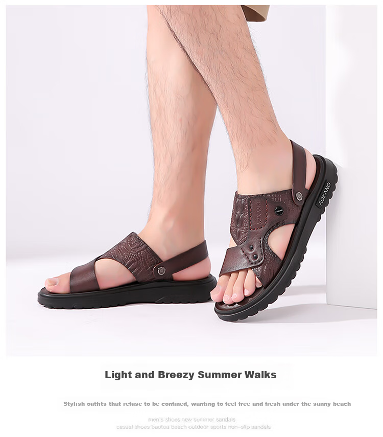 Aokang Men's Leather Beach Sandals, Casual Leather Slippers, Middle-Aged And Elderly Dad Shoes, Two-Way Wear, Large Size Slippers, Brown, Size 38 15