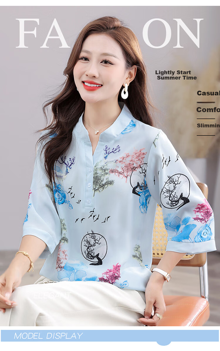 Woodpecker Women's Short Sleeve T-Shirt Casual Floral Shirt Middle-aged and Elderly Mom Loose Elegant Top Summer Blue 2XL 1
