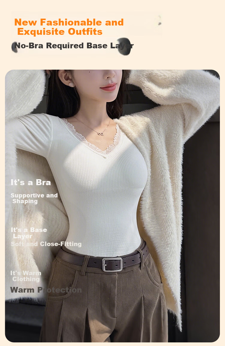 Langsha Women's Thermal Underwear with Chest Pad Autumn Winter Heating Cashmere Silk Seamless 10A Antibacterial Thickened Lace V-Neck Base Shirt 10