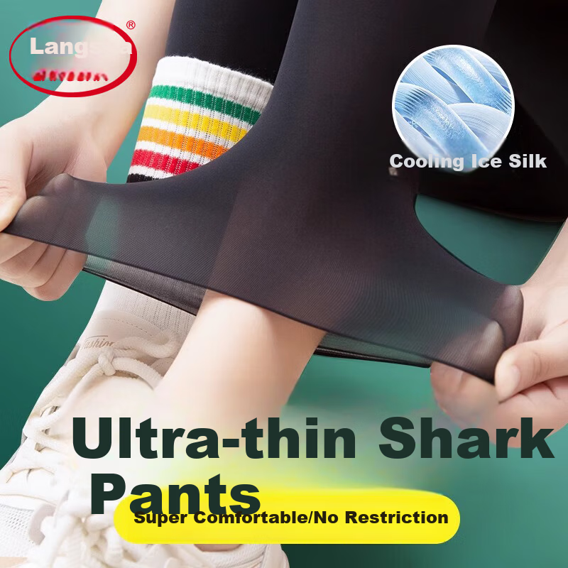 LangSha Women's Shark Skin Ultra-Thin Cooling Ice Silk Spring Summer Plus Size Yoga Sports Leggings Nine-Point Tight Pants