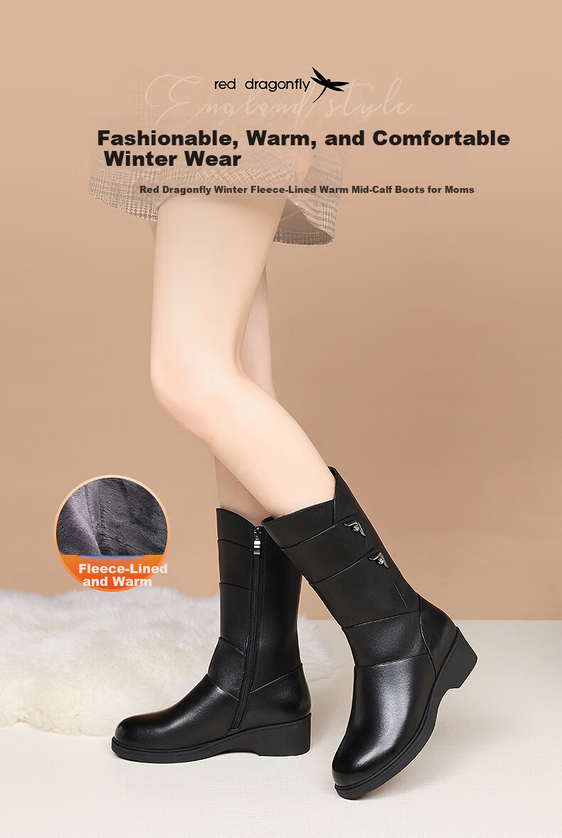 Red Dragonfly Women's Winter Tall Boots Fleece Lined Warm Wedge Heel Height Increasing Middle-aged and Elderly Cotton Shoes WBC442371C Black Size 40 1