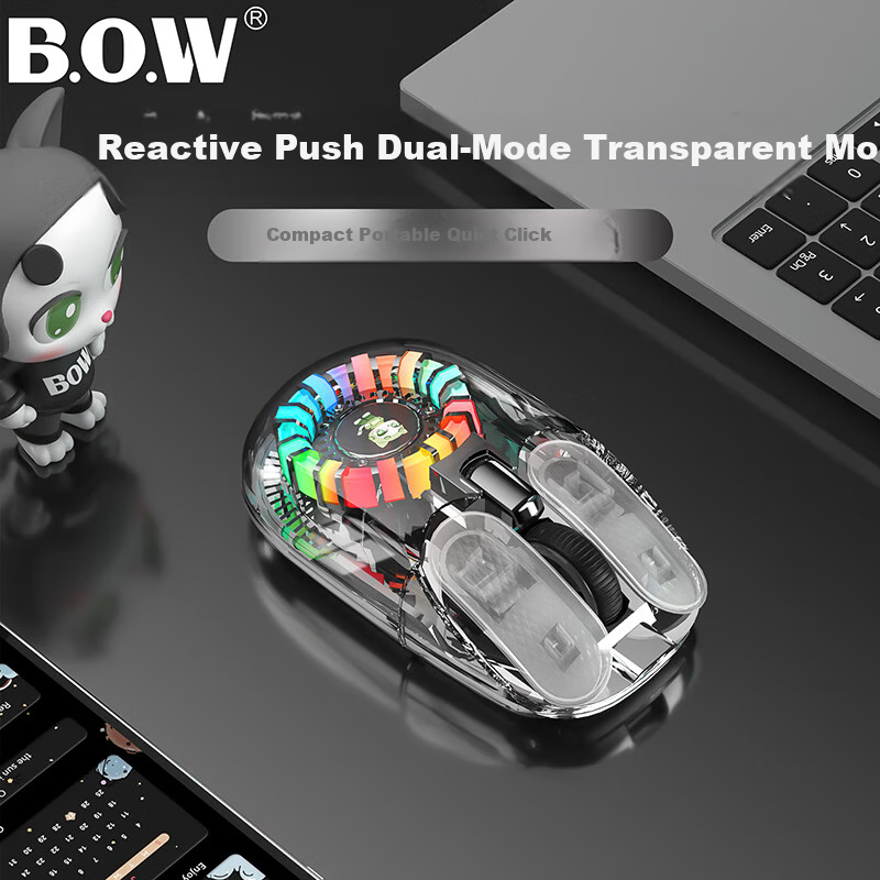 B.O.W Hangshi MD508L Transparent Backlit Wireless Bluetooth Dual-Mode Mouse Rechargeable Silent Ergonomic Universal Mouse for Laptop Home Office Titanium Silver