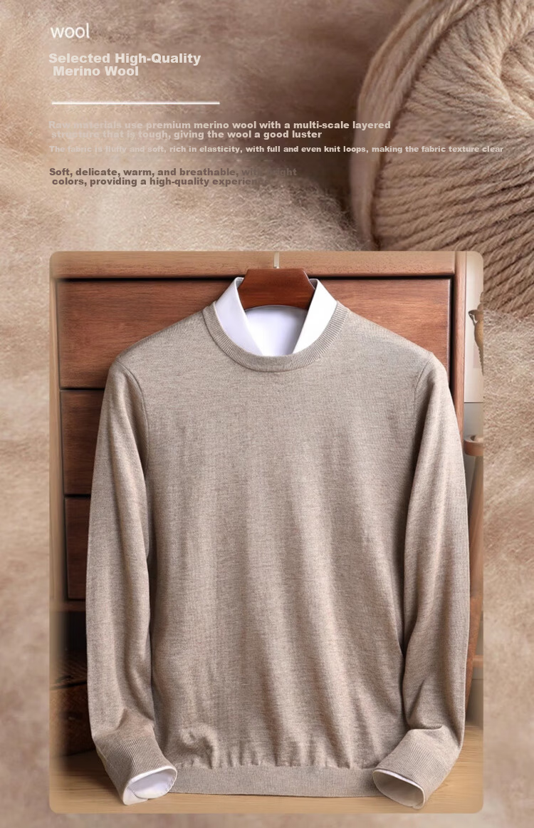 Hengyuanxiang [Wool Included] Spring and Autumn Thin Men's Crew Neck Sweater Middle-aged Knit Base Shirt Solid Color Medium Gray M 9