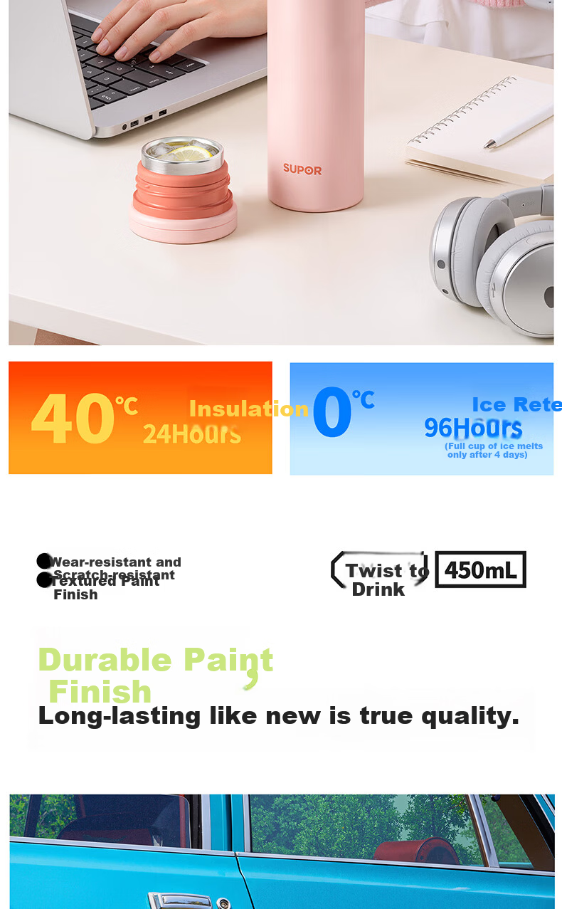 SUPOR Rotating Lid Insulated 316L Stainless Steel Tea Infuser Cup for Men and Women, High-Value Car Water Bottle 10