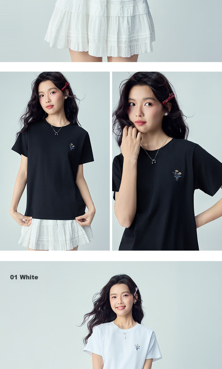 Giordano Women's Short Sleeve T-Shirt 2026 Summer Pure Cotton Bouquet Embroidery Forest Style Crew Neck Casual Top 13326320 15