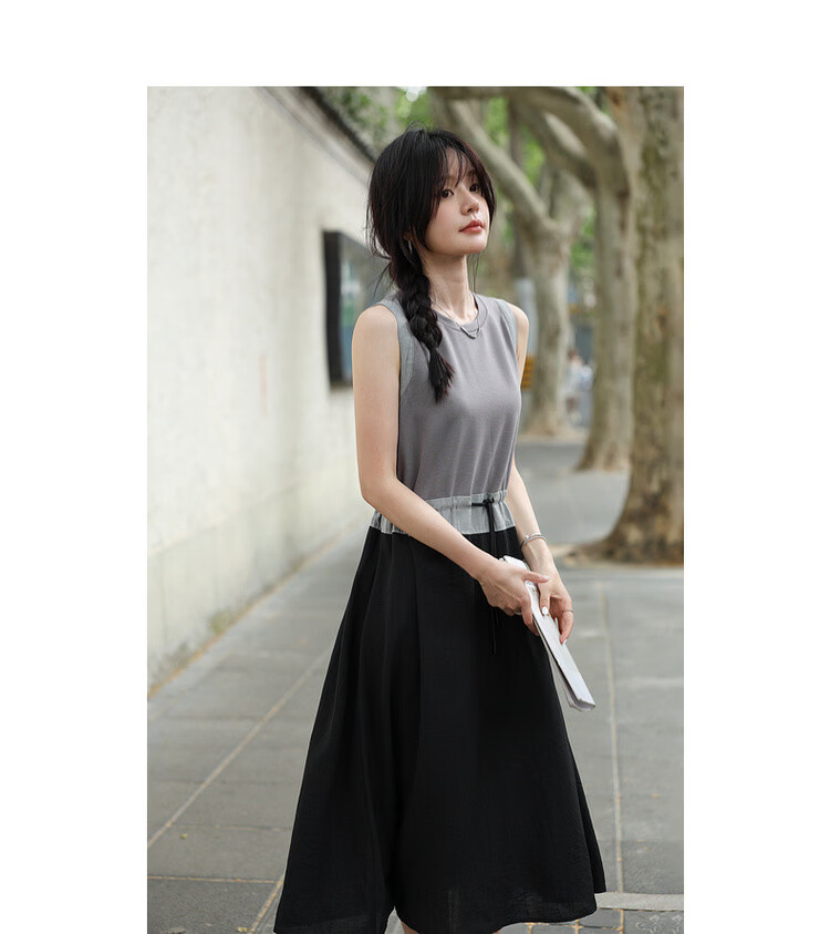 MT Relax Trio Summer Urban Colorblock Drawstring Crew Neck Sleeveless T-Shirt Style Long Dress for Women 15