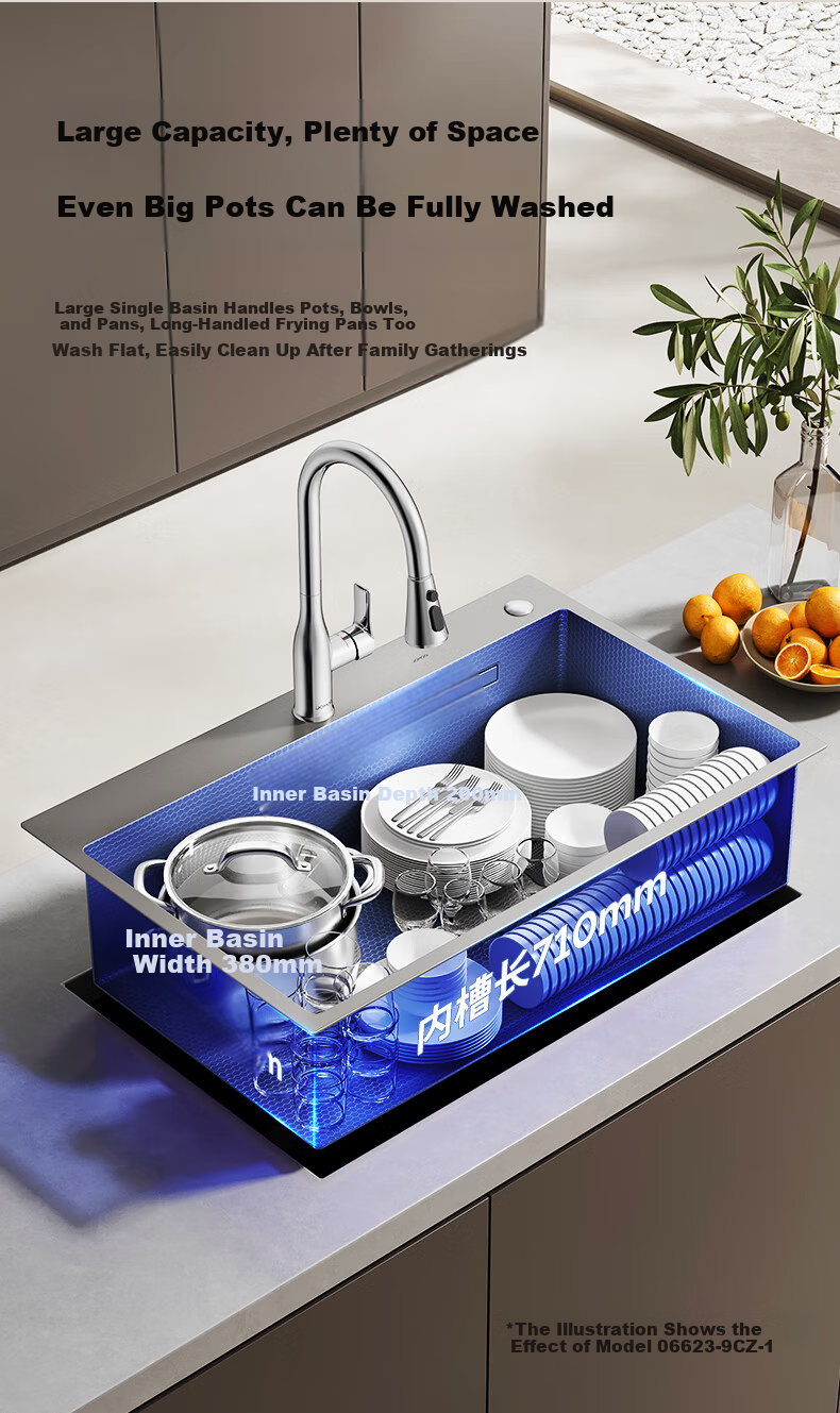 JOMOO Stainless Steel Gunmetal Textured Handmade Kitchen Sink Single Bowl 70x48cm with Faucet Model 02376 11