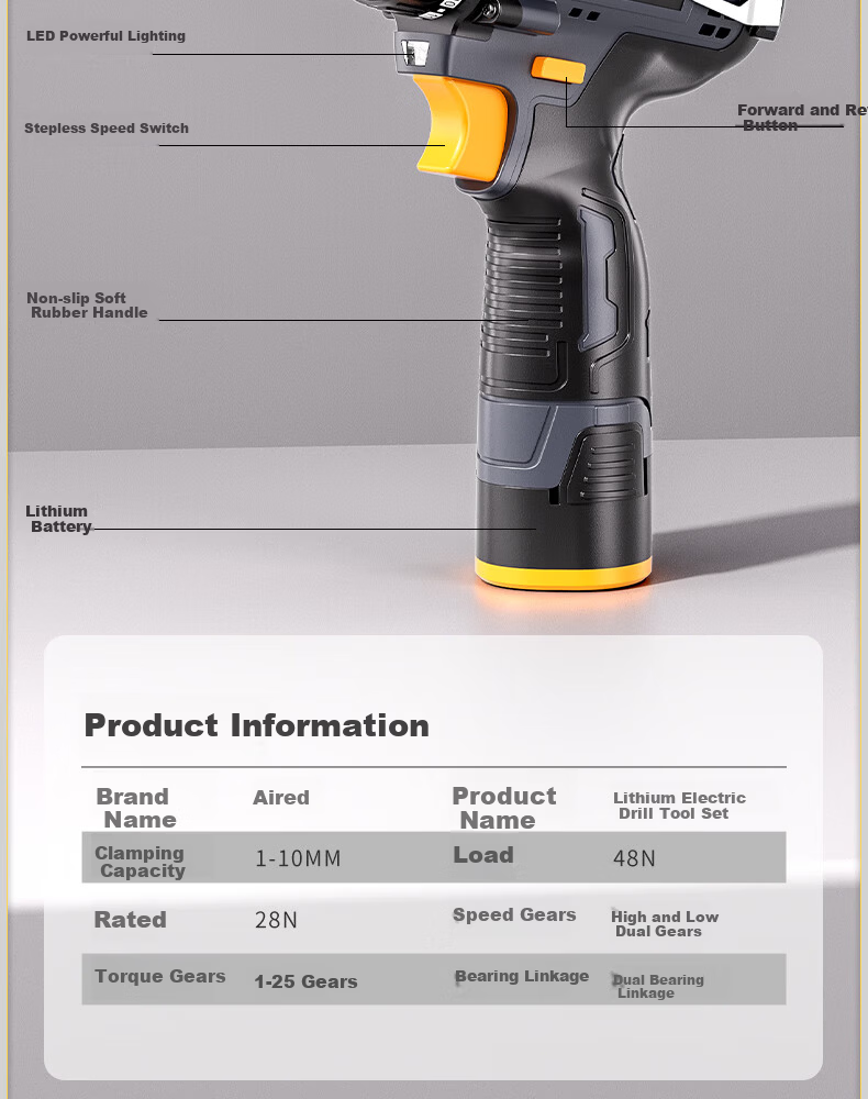 Aired Cordless Electric Drill Household Electric Screwdriver Rechargeable Double Speed Lithium Drill Tool Kit Set 22
