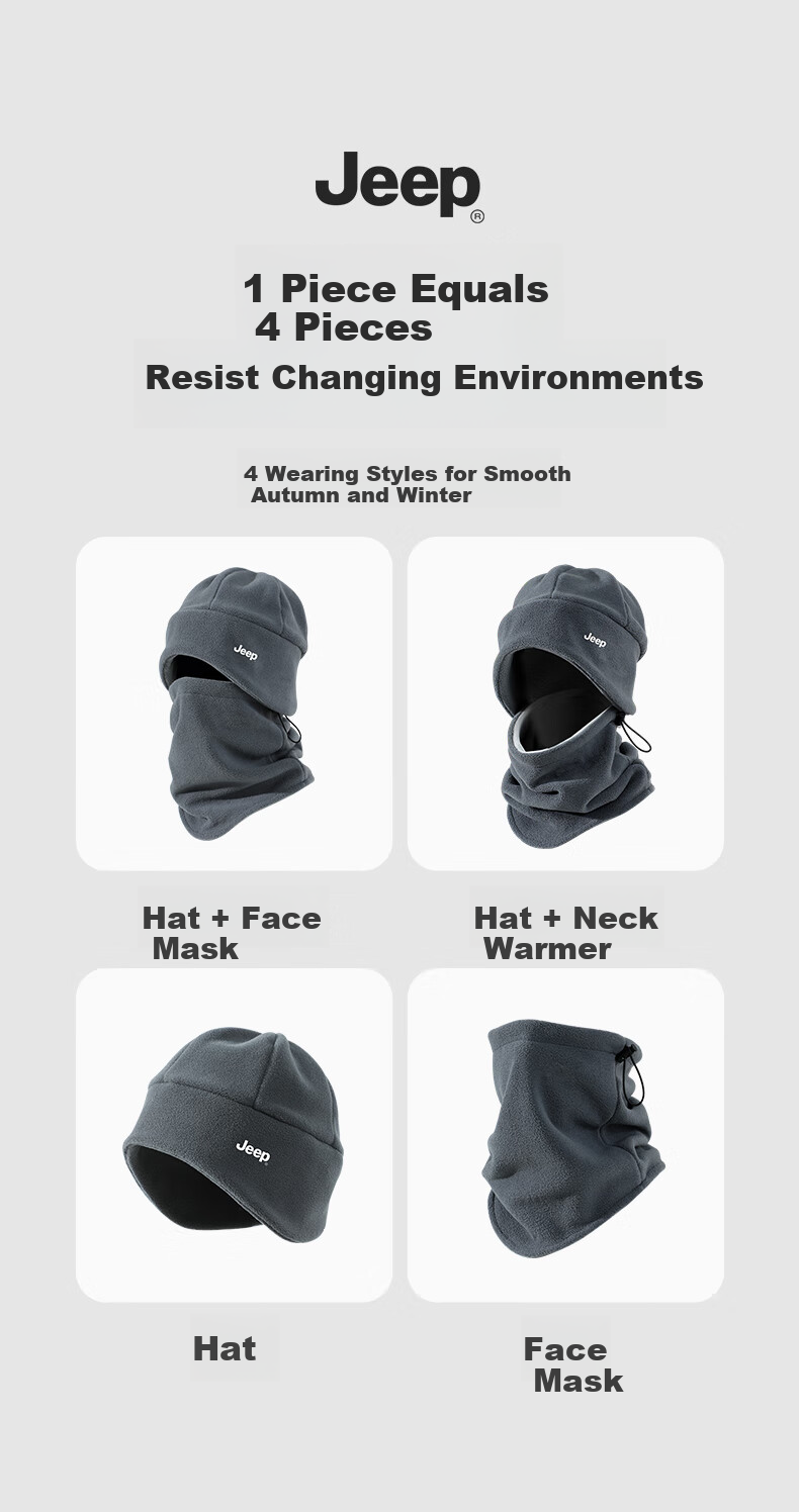 JEEP Winter Fleece Lined Hat and Neck Warmer Unisex Windproof Face Mask Gray 7