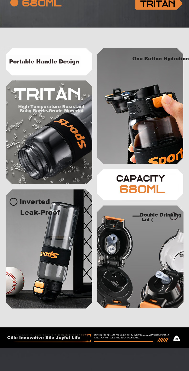 Cille Sports Water Bottle Unisex Outdoor Fitness Large Capacity Tritan High Temperature Resistant Thickened Dual-Drink Portable Cup 2