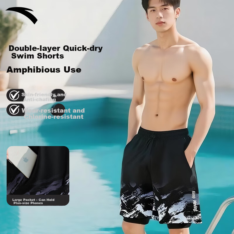 Anta Men's Swim Trunks Summer 2025 New Double-Layer Quick-Dry Casual Beach Shorts Swimming Navy Blue L