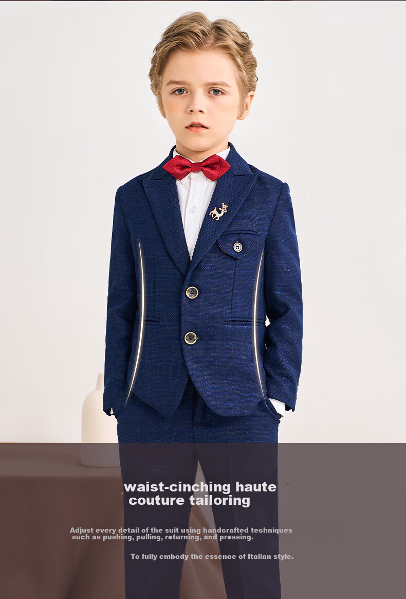 Romon Children's Suit Formal Wear Stylish British Flower Boy Set Boys Navy Blue Honeycomb Fleece Five-Piece Set Size 110 13