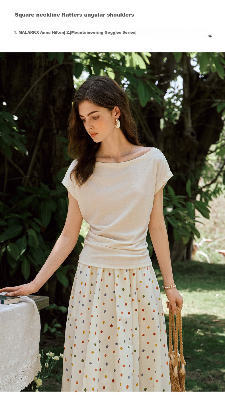 Olrain European Style Elegant Off-Shoulder Slim Fit T-Shirt Women Summer Slimming Youthful Top Apricot XL 6