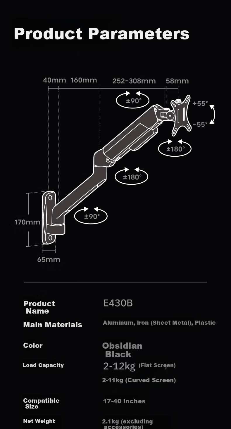 Brateck Beihu Monitor Mount Wall-Mounted Mechanical Arm Computer Stand Wall Clamp Base Screen Riser 17-40 inch E430B Dormitory Floating Support Arm 17