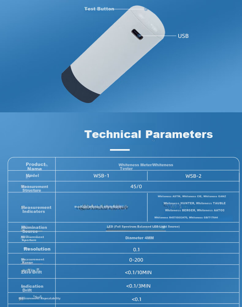 Caipu Whiteness Meter WSB-1 Portable High-Precision Whiteness Tester for Paper Hotel Linen Ceramics R457 Blue Light Whiteness 11