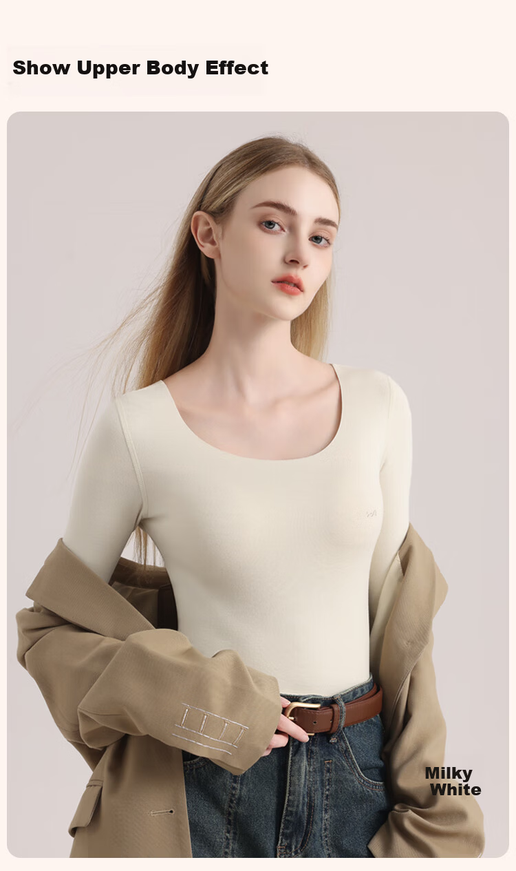 MiiOW [Goose Down Tencel] Women's Thermal Underwear 10A Antibacterial Seamless Heat-retaining Autumn Slim Fit Base Shirt Milk White M 5
