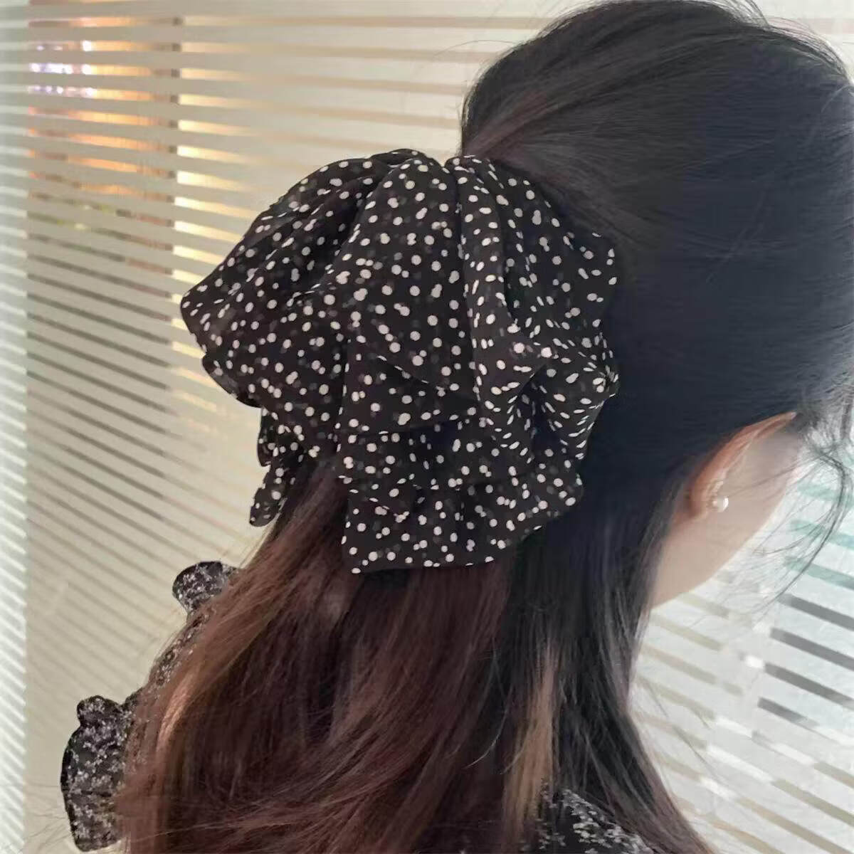 Dongyi Selected Vintage Polka Dot Three-Layer Tulle Bow Ponytail Clip Half-Up Hair Bun Shark Clip Hair Accessories 5