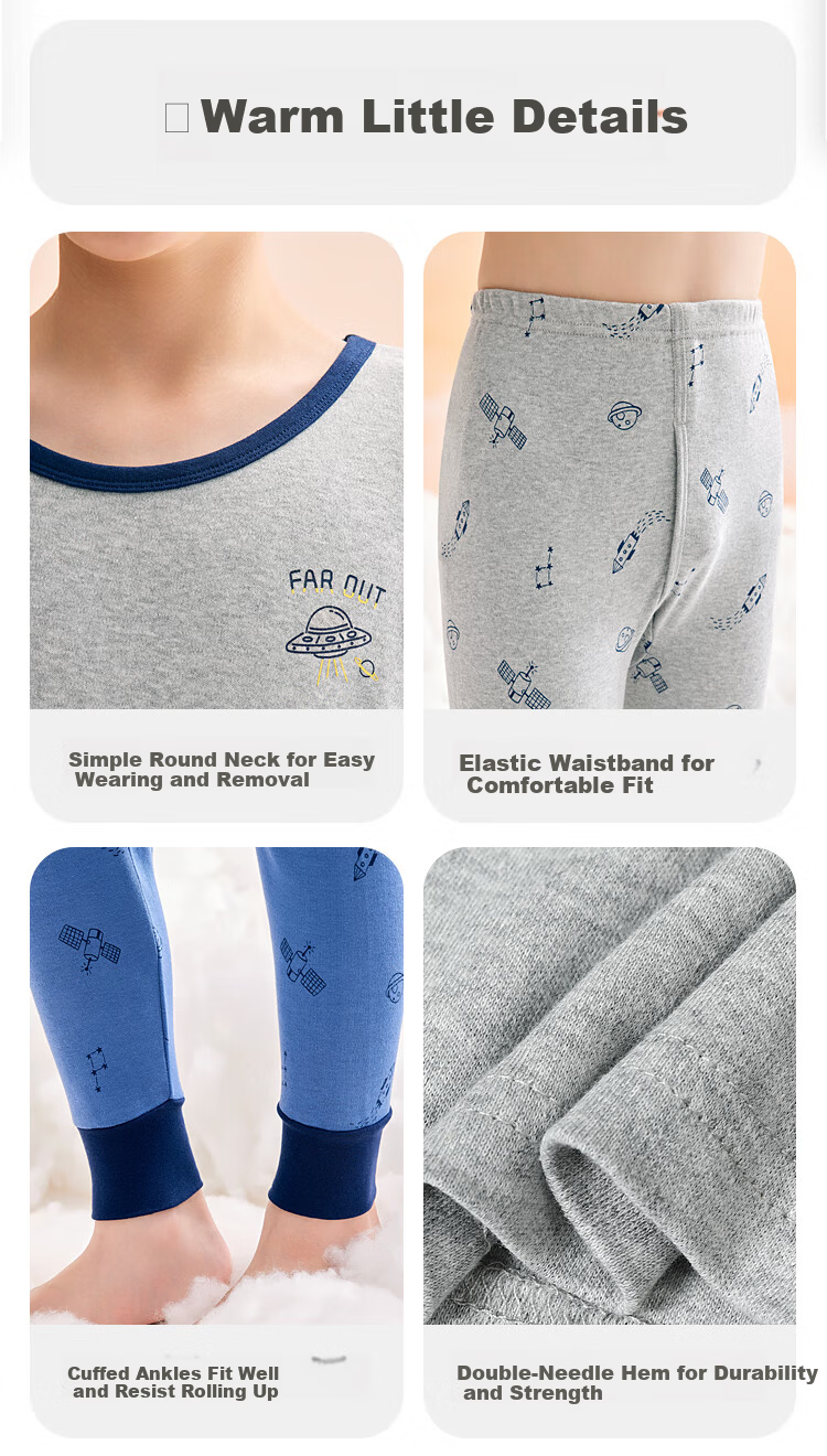 Hodohome Boys' Cotton Thermal Underwear Set Autumn Long Johns Pajamas 107 Blue Size 160 7