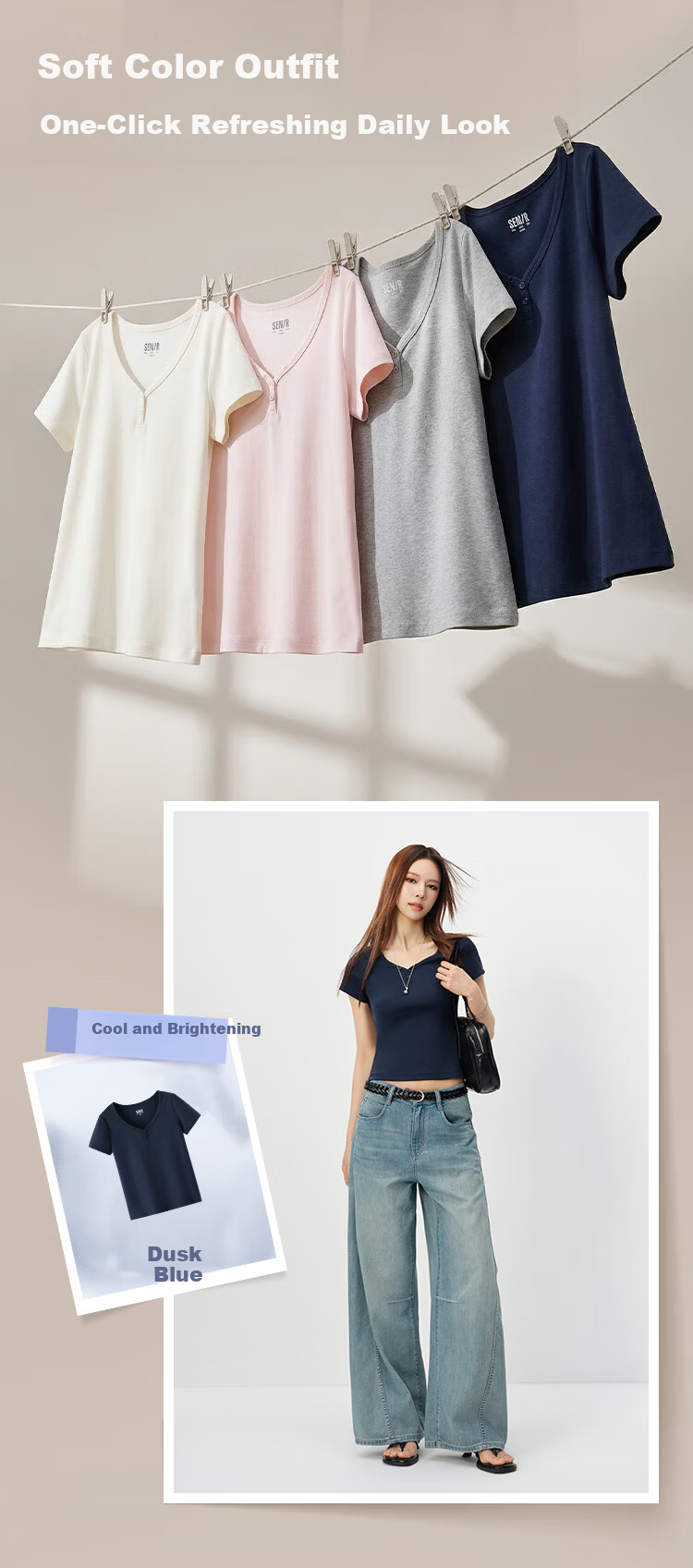 Semir Women's Summer Short Sleeve V-Neck Half-Placket Pullover Slim Fit T-Shirt 2026 Top 109326100046 2
