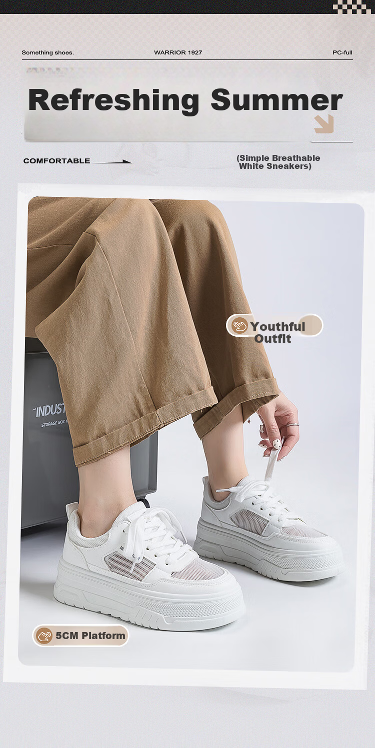 Warrior Official Women's Sneakers 2026 Summer Thick Sole Height Increasing Breathable Mesh White Shoes White Size 37 1