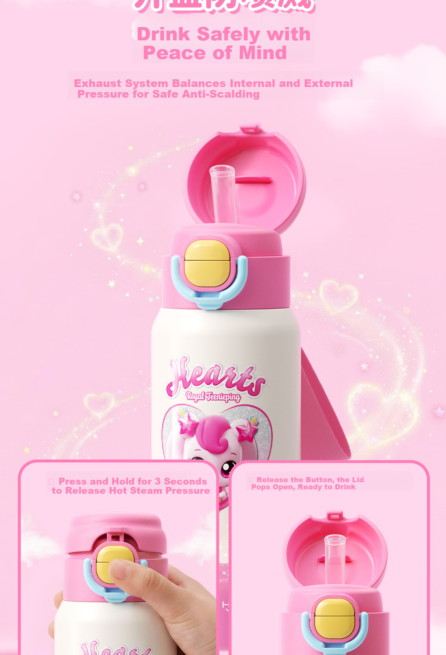 HAERS Cute Kids Insulated Straw Water Bottle Portable School Cup for Girls Pink 600ml 8