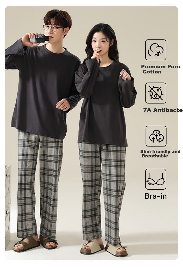 Seven Color Spinning 7A Mite-Removing Antibacterial Pure Cotton Couple Pajamas Women's Homewear Crew Neck Pullover with Chest Pad Spring, Size M 2