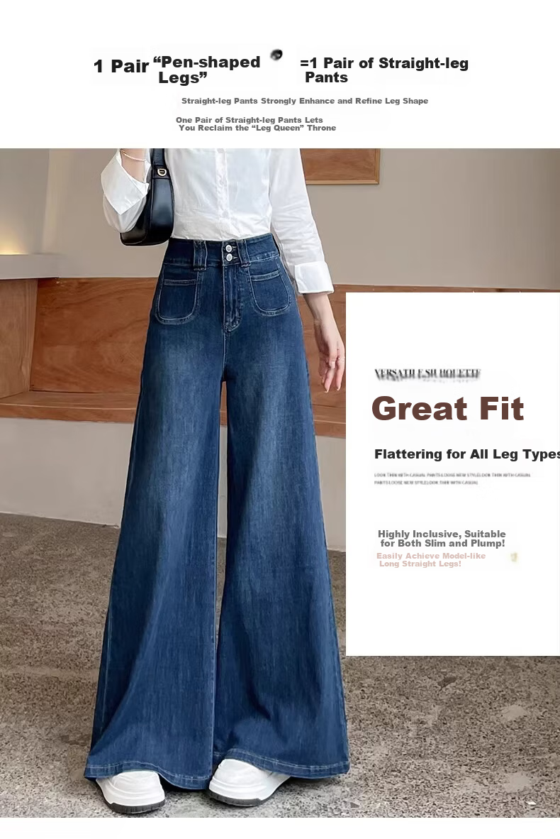 Langsha Women's Jeans 2026 New Retro High-Waist Wide-Leg Pants Slimming Double-Button Straight Micro-Flare Trousers for Petite 3