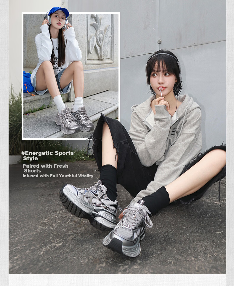CAMEL Silver Moon Outdoor Retro Dad Shoes Thick Sole Casual Shoes L24A255753W Gray/Gun/Black (Mesh) Size 36 12