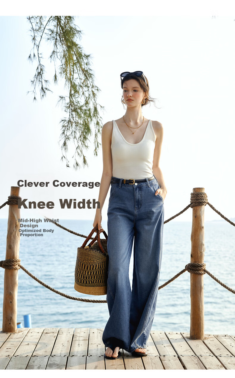 Olrain Tencel Denim Cotton Loose Wide-Leg Curved Hem Floor-Length Jeans Women's Spring Blue M 8