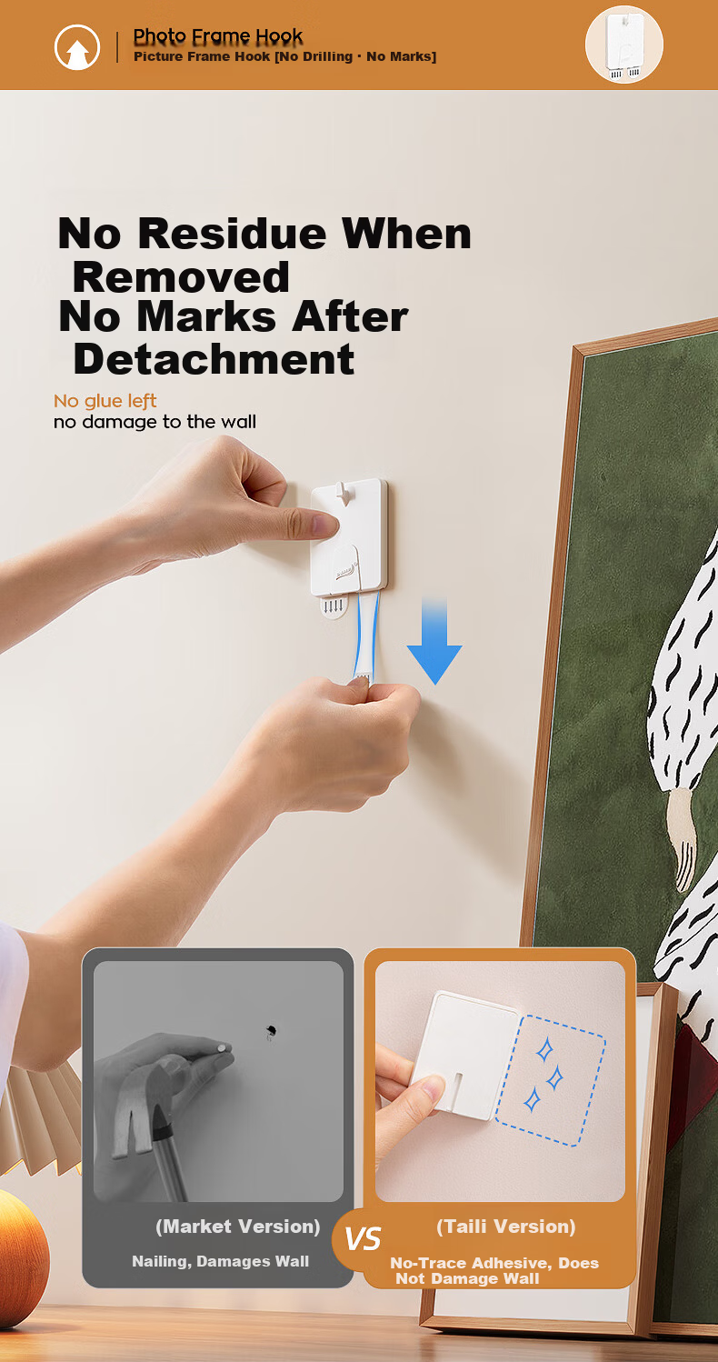 Taili Picture Frame Hook Model B Strong No-Trace Wall Hook for Hanging Wedding Photos and Frames, No Drilling Wall Mounting Tool 9
