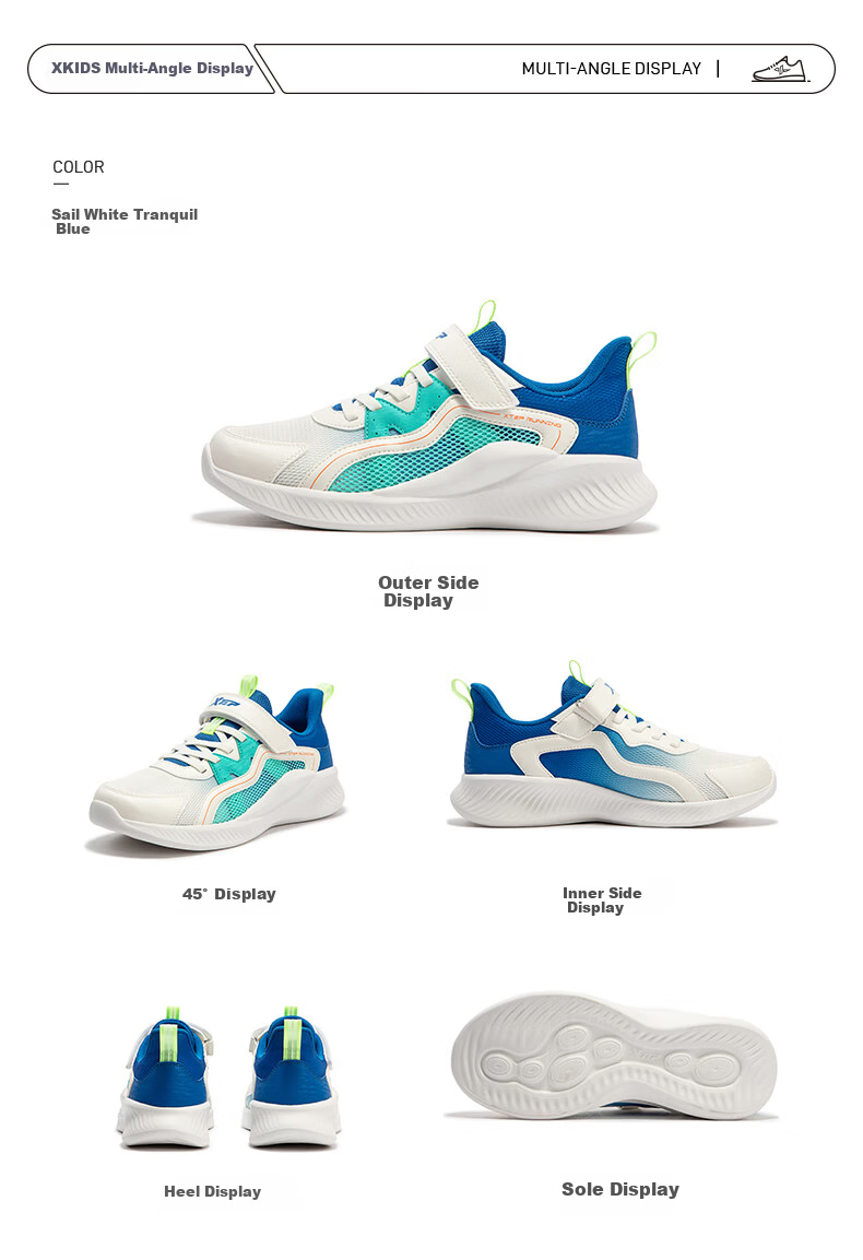 XTEP Kids Velcro Running Shoes for Boys and Girls, Deep Blue/New White/Smart Blue, Size 37 11