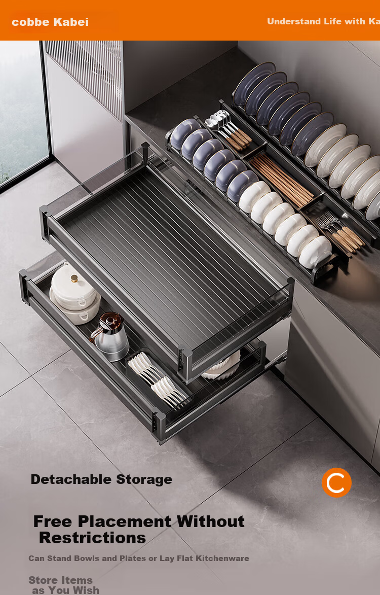Cobbe Kitchen Pull-Out Aluminum Alloy Cabinet Drawer Double-Layer Dish and Utensil Storage Rack Spice Bowl Basket 10