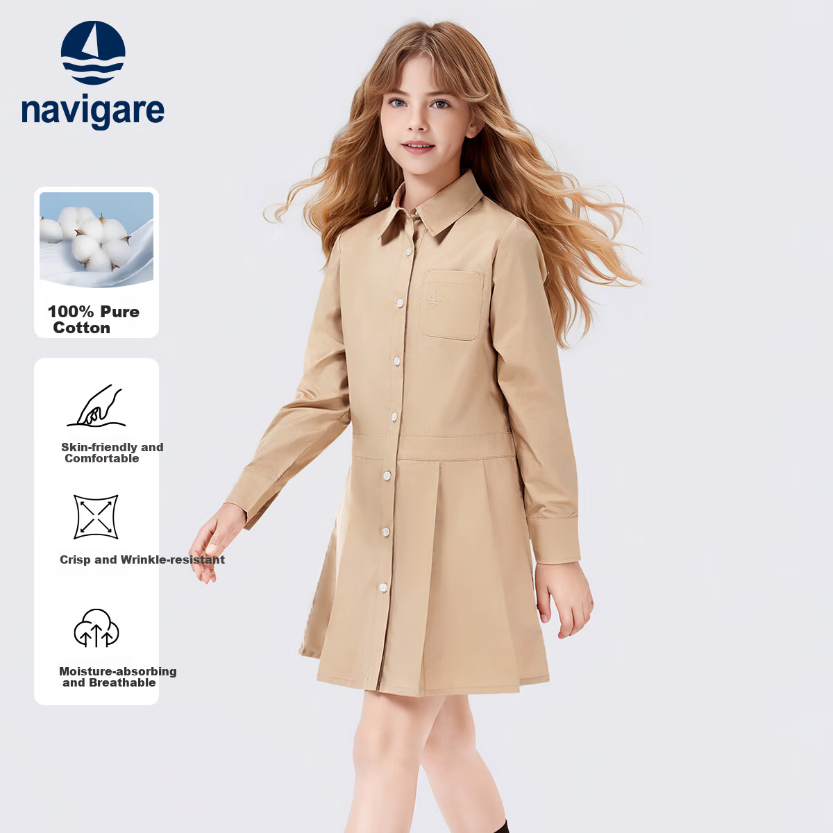 Navigare Girls' Dress Children's Skirt Student Long Dress Academy Style Comfortable Coastal Khaki 165