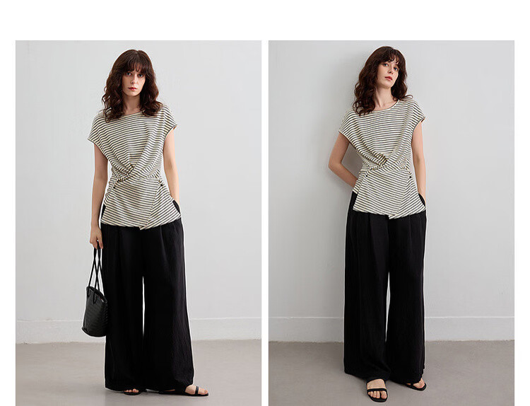 Demana [Mianyun Xiaoqi] Summer Simple Style Colorblock Striped Twist Round Neck Slim Fit Women's T-Shirt 11