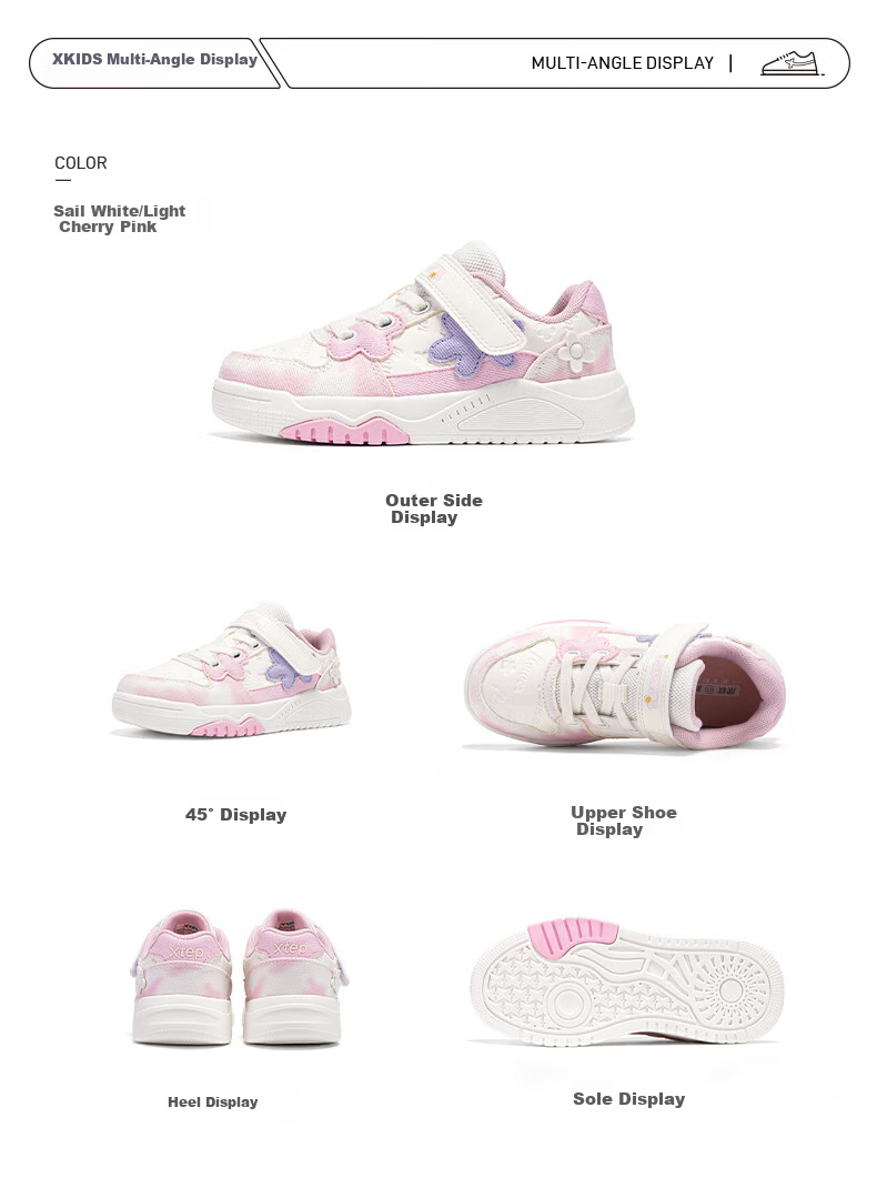 XTEP Kids Girls Flower Velcro Leather Panel Shoes Sail White/Peach Pink Size 28 13